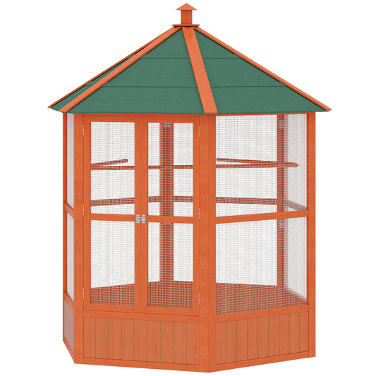 70"H Wooden Bird Cage Hexagonal Outdoor Aviary with Doors