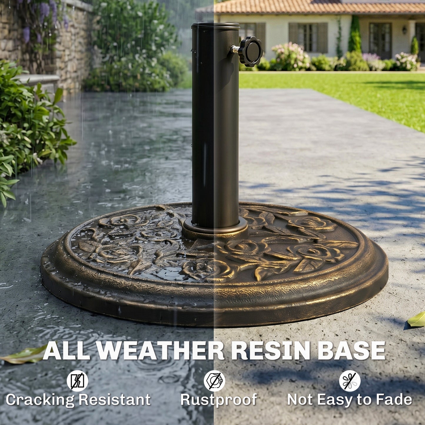 20 lbs Resin Round Patio Umbrella Base 18" Outdoor Decorative Cast Stone Parasol Stand Market Garden Umbrella Holder, Bronze