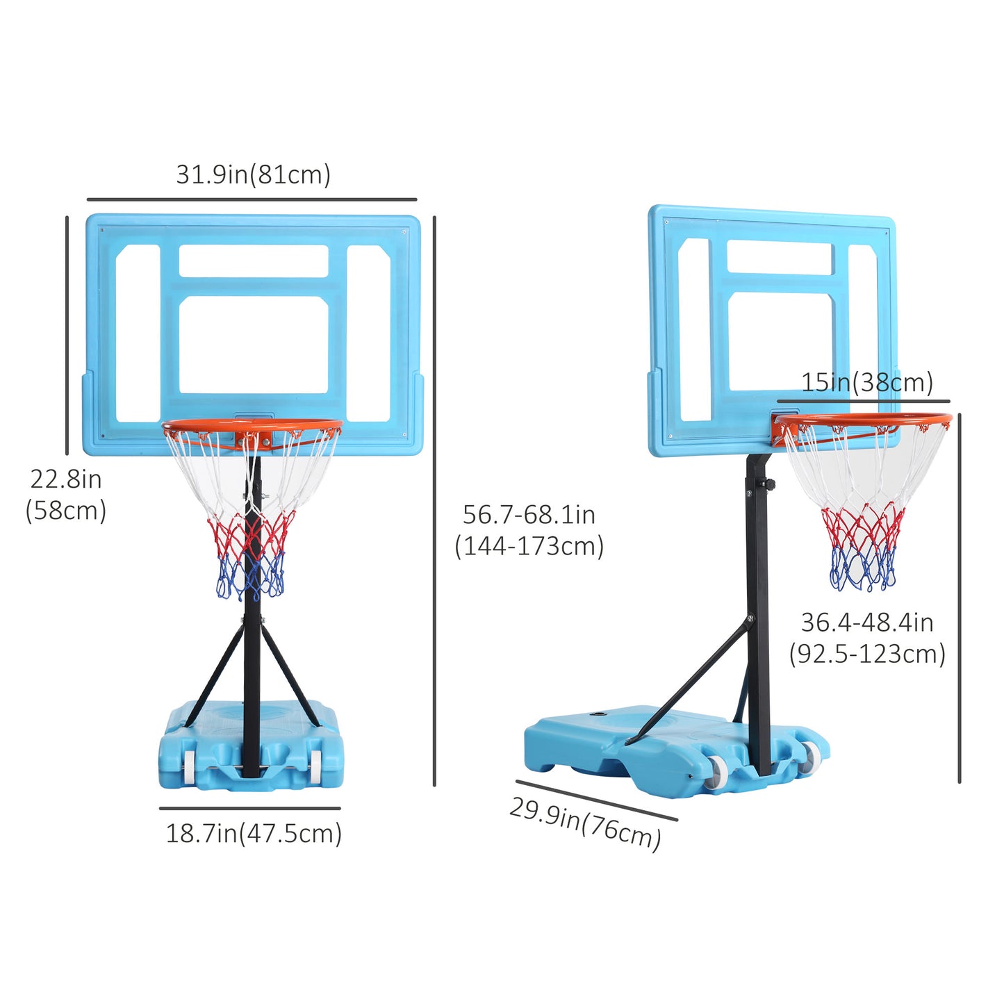 Soozier Poolside Basketball Hoop Stand, 36.5"-48.5" Height Adjustable Portable Hoop System Goal Stand, w/ Clear Backboard & Fillable Base for Adults & Teens, Blue