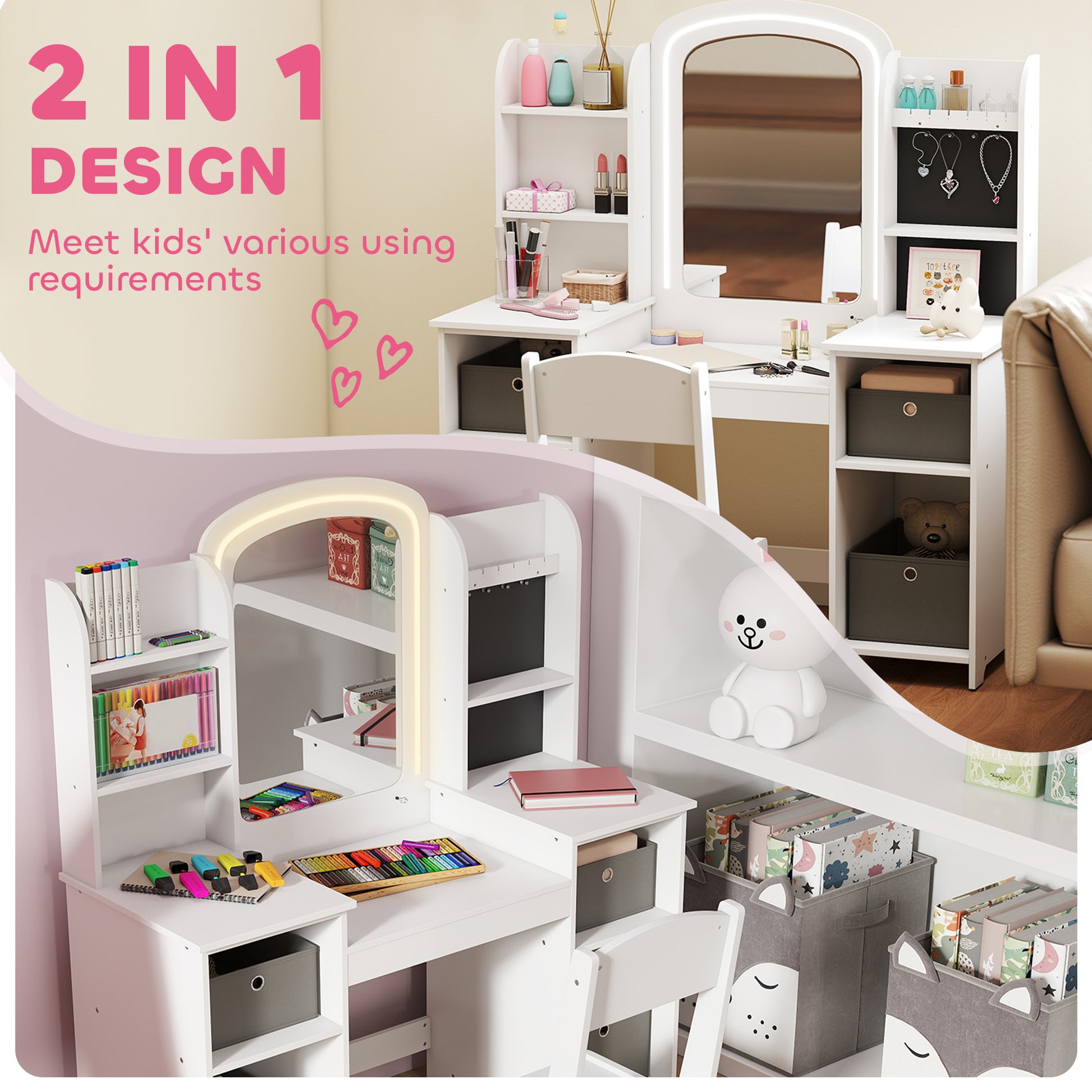 Qaba Kids Vanity Table and Chair, Toddler Dressing Table and Chair Set with Lighted Mirror for Little Girls, White