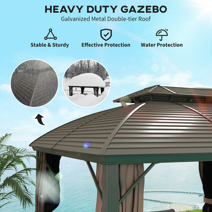10' x 12' Hardtop Gazebo Canopy with Double Roof, Netting and Curtains for Garden, Backyard, Deck, Coffee
