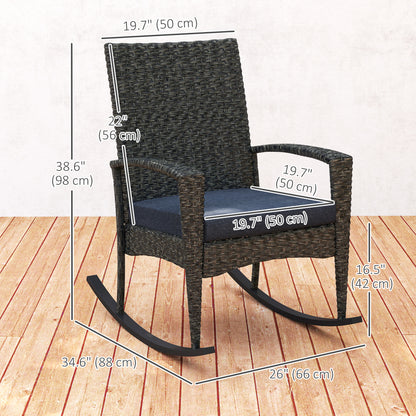 Outdoor Rocking Chair, Patio Wicker Chair Removable Cushion, High Back and Armrests for Porch Balcony, Navy Blue