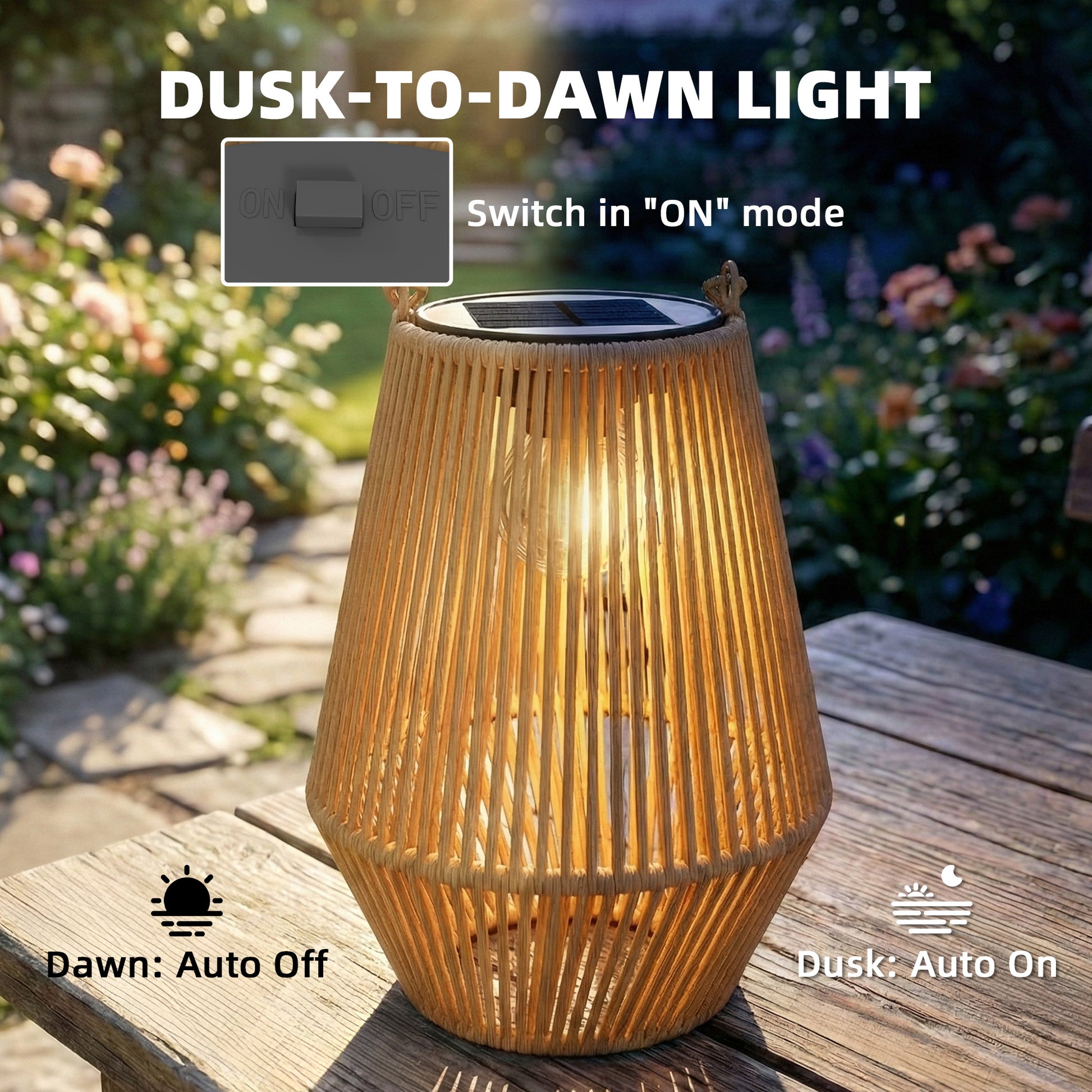 2 Pack Wicker Solar Lanterns Outdoor Waterproof Hanging Lights with Auto On/Off and Handles, Brown