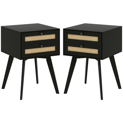 Boho Night Stands Set of 2, Bedside Tables with 2 Rattan Drawers, Square End Tables for Bedroom, Living Room