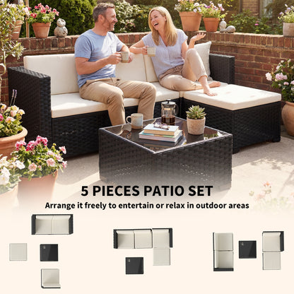 5 Piece Patio Furniture Set, L-Shape Wicker Outdoor Sectional with 3 Chairs, Ottoman, Glass Table, Cushions, Cream