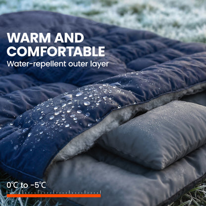Double Sleeping Bag for Adults, Queen Size 2 Person Sleeping Bag with 2 Pillows, for Cold Weather & Warm, Blue