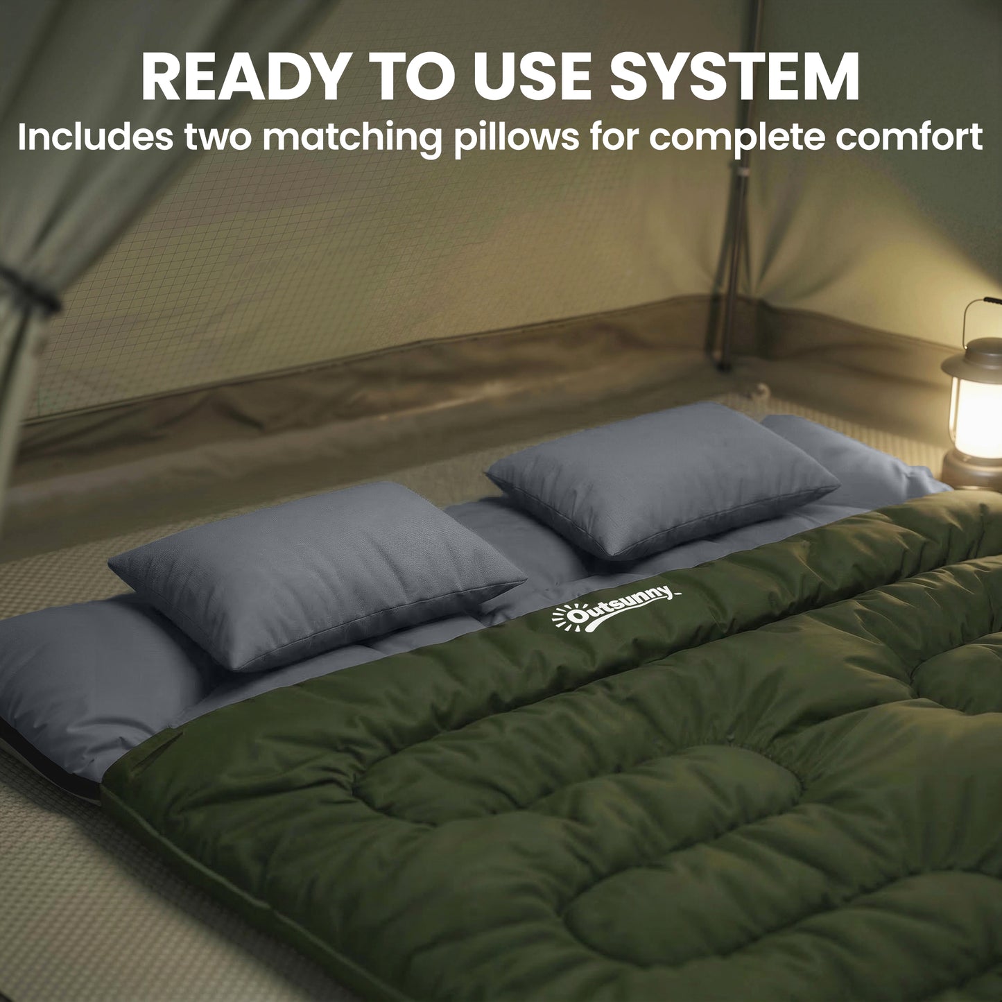 Double Sleeping Bag for Adults, Queen Size 2 Person Sleeping Bag with 2 Pillows, for Cold Weather & Warm, Green