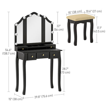 Makeup Vanity Desk with Mirror and Stool, Vanity Set with 10 LED Lights, 5 Drawers and 3 Compartments, Black