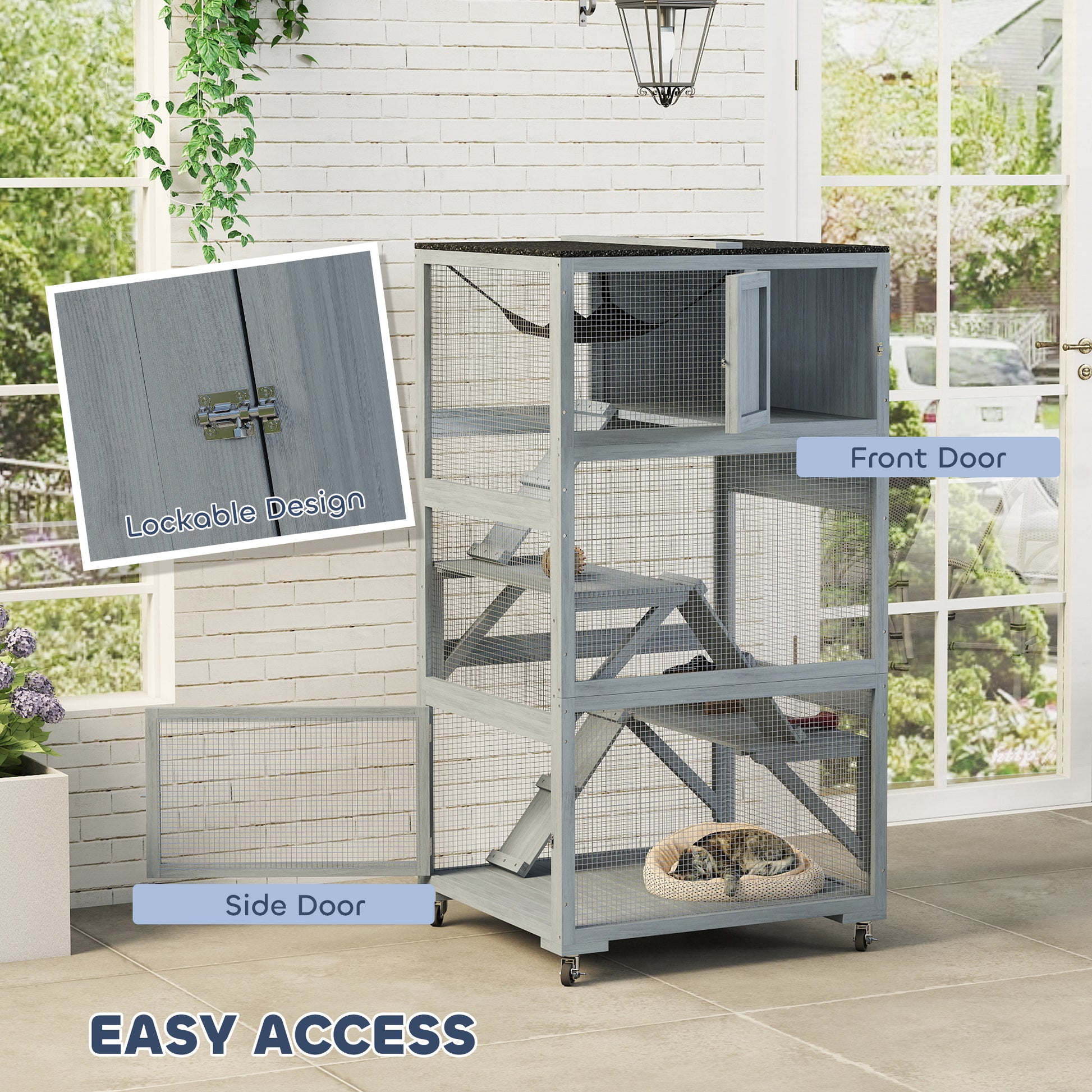 66"H Catio Outdoor Cat Enclosure on Wheels with Hammock Multiple Platforms Resting Condo Ramps for 1-3 Cats, Grey