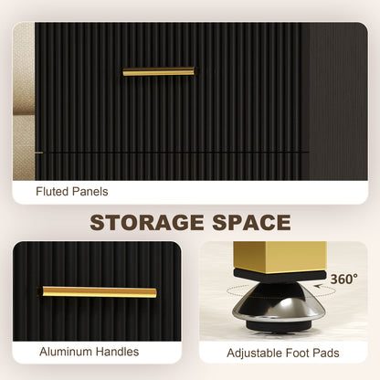 2 Pieces Nightstands with Storage, Modern Bedside Tables with 2 Fluted Drawers and Gold Legs for Bedroom, Black