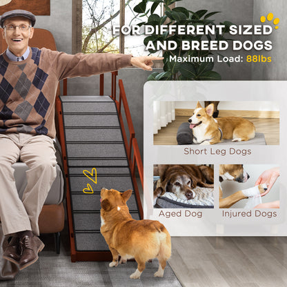 Wooden Dog Ramp for Large Dogs, 73" Long, with Non-slip Rug, Removable Guardrails for Couch, Bed, Brown