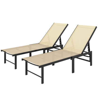 Outdoor Lounge Chair Set of 2, 5-Position Reclining Outdoor Chaise Lounge Tanning Chair with Mesh Seat, Khaki