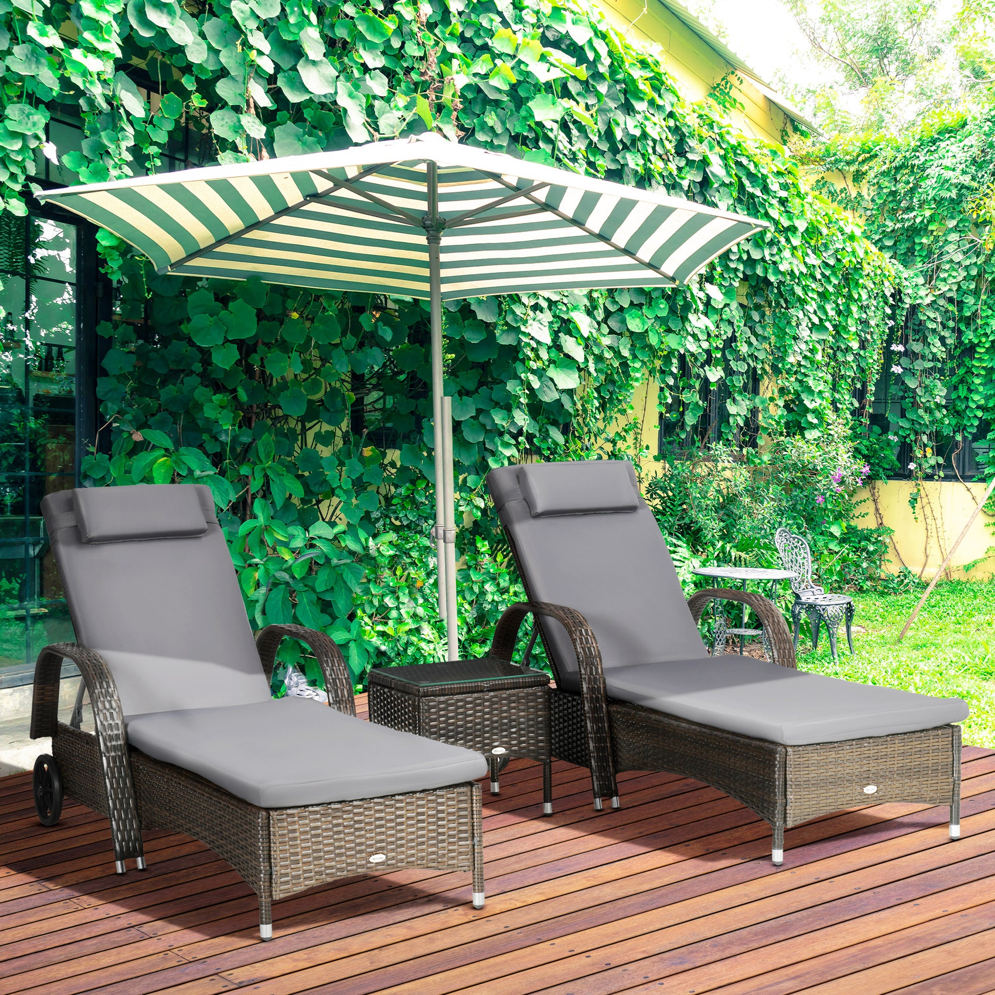 3 Pieces Wicker Patio Lounger Set with Table, PE Rattan Outdoor Lounge Chair Set with Cushions, Wheels, 5-Level Reclining Backrest, Headrest, Brown/Dark Grey