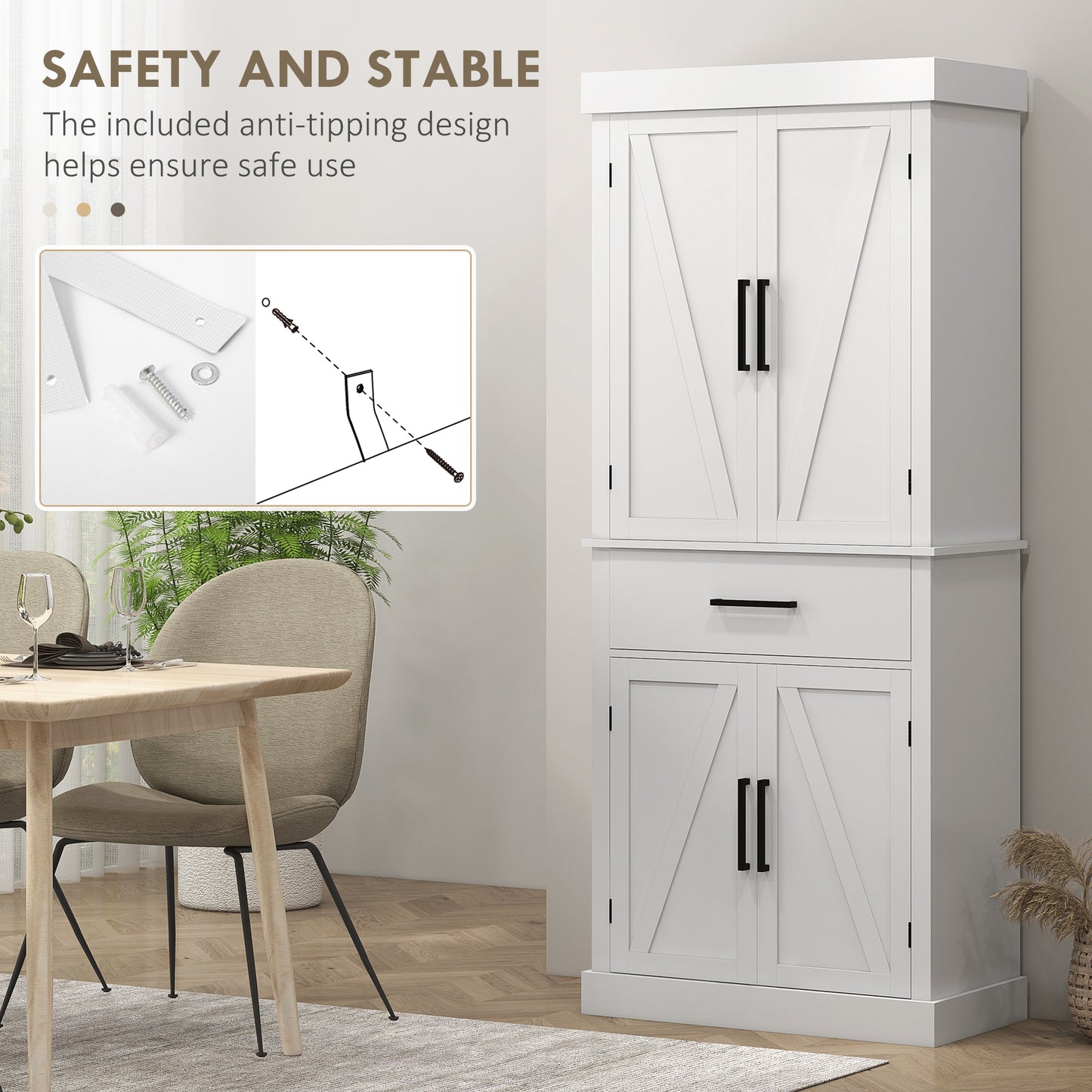 72" Kitchen Storage Cabinet, Farmhouse Kitchen Pantry Cabinet with 4 Barn Doors, Drawer, Adjustable Shelves, White