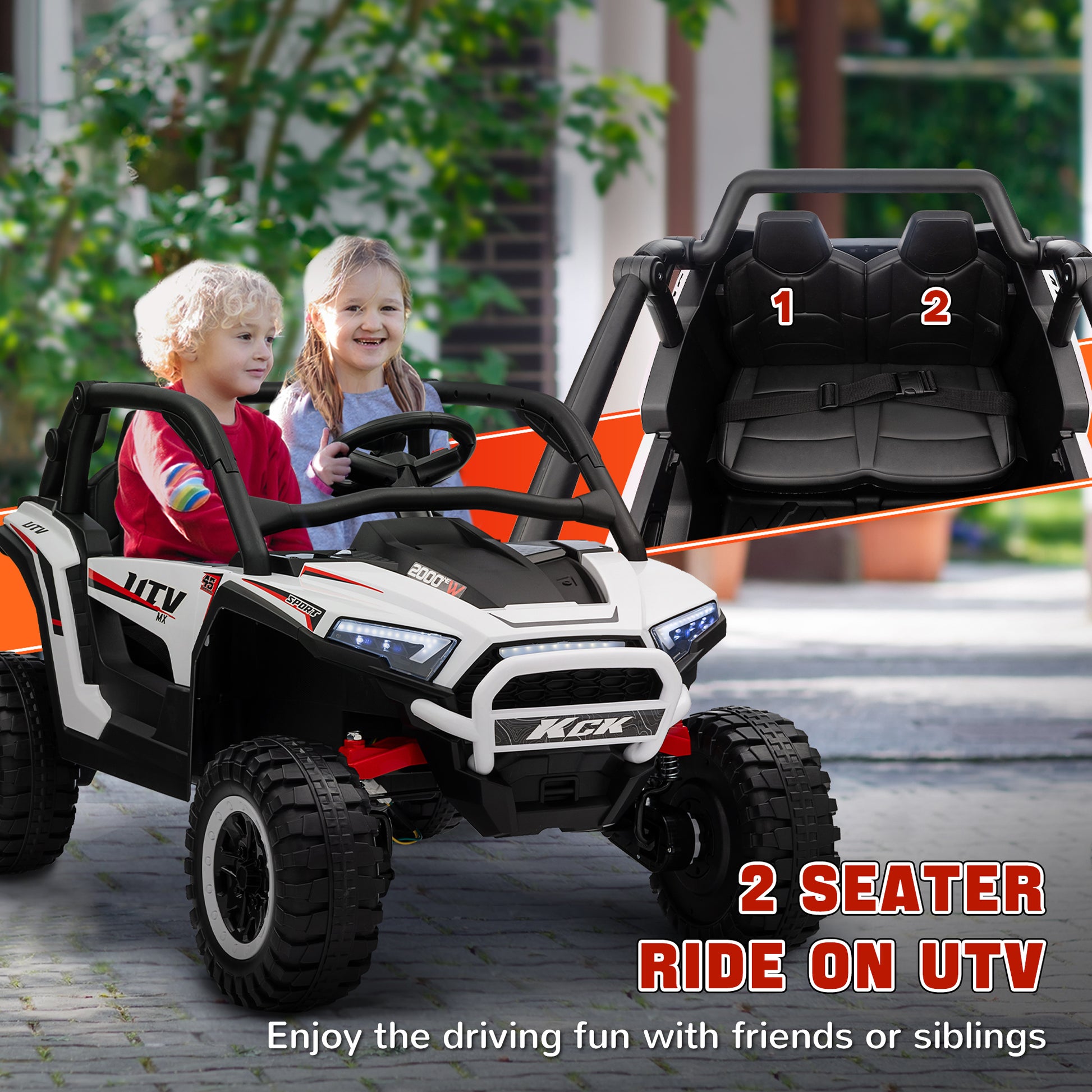 Qaba 2 Seater 24V 7AH Ride on Truck, Electric Car for Kids with Spring Suspension, Remote Lights, Horn, Music, White