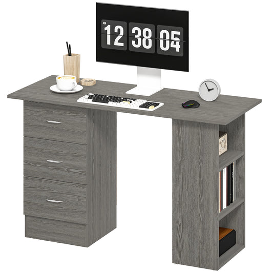 Computer Desk, 47" Writing Table with 3-Tier Shelves and 3 Reversible Drawers for Home Office, Bedroom, Grey