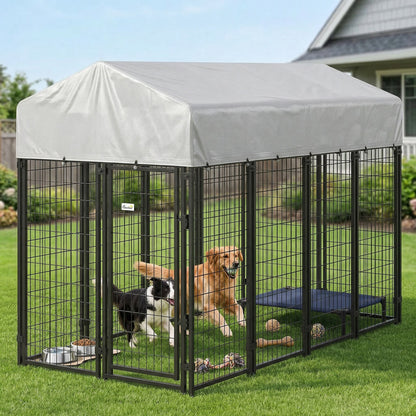 Outdoor Dog Kennel with Roof, 8' x 4' x 6' Heavy Duty Welded Wire Dog Playpen Enclosure with Escape-proof Lock