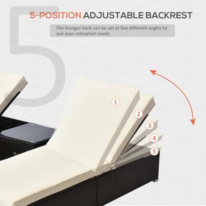3pc Rattan Lounge Chair Set with Side Table Outdoor Patio Synthetic Rattan Wicker Sun Bed Set with Cushion