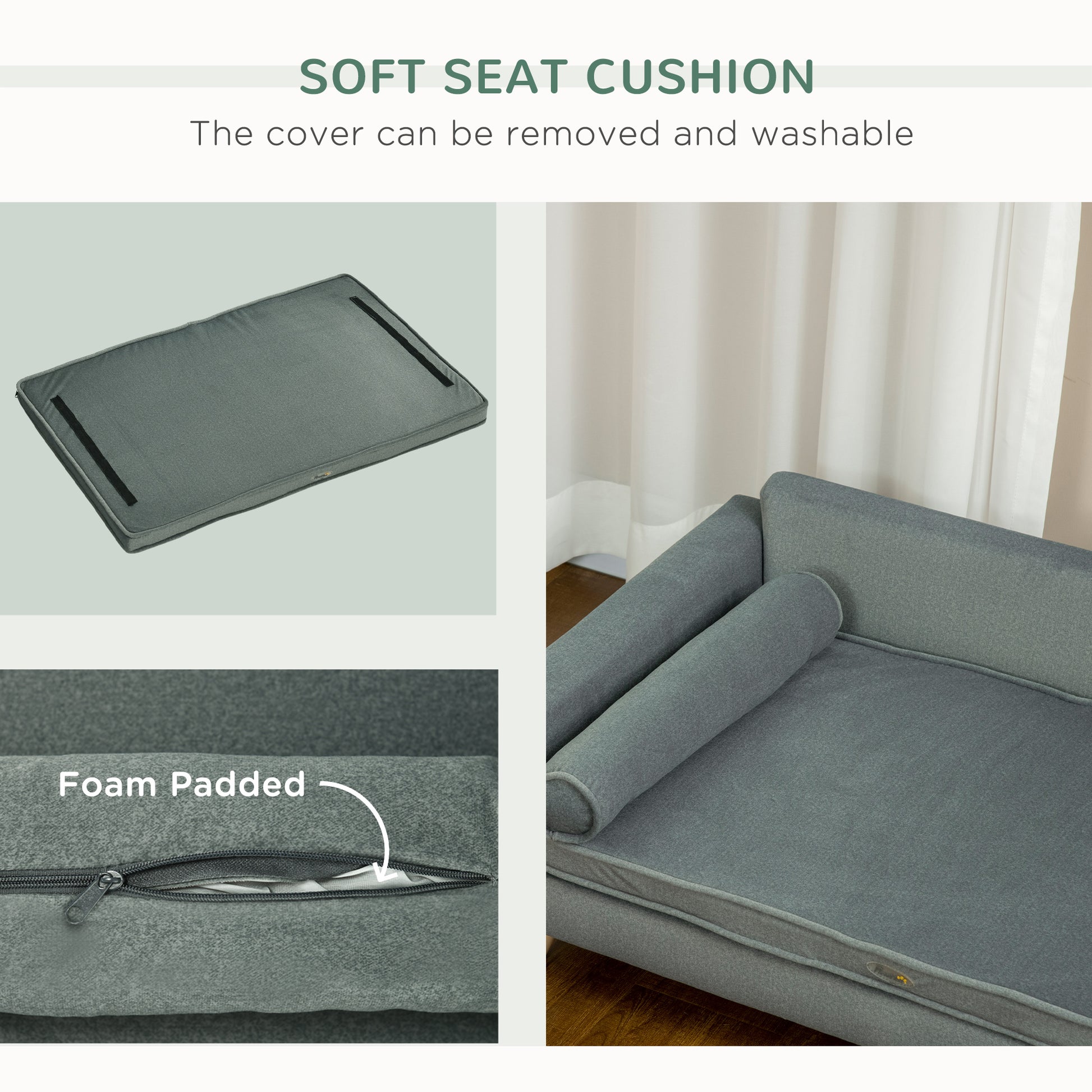 Dog Sofa Bed with Removable Pillows, Foam Pet Sofa Cat Sofa with Removable Washable Cushion, Water-resistant Fabric, for Medium and Large Dogs, Grey