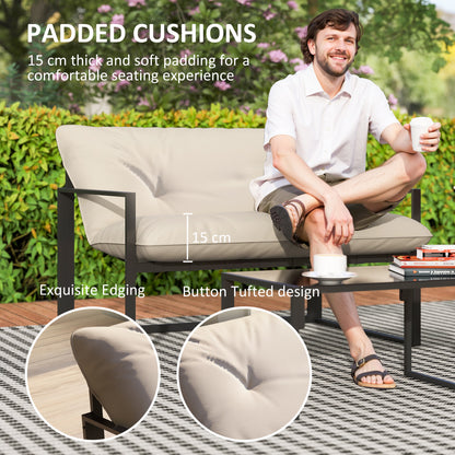 4 Piece Outdoor Furniture Set, Patio Conversation Set with Tempered Glass Table, Loveseat, 2 Chairs and Cushions, Beige