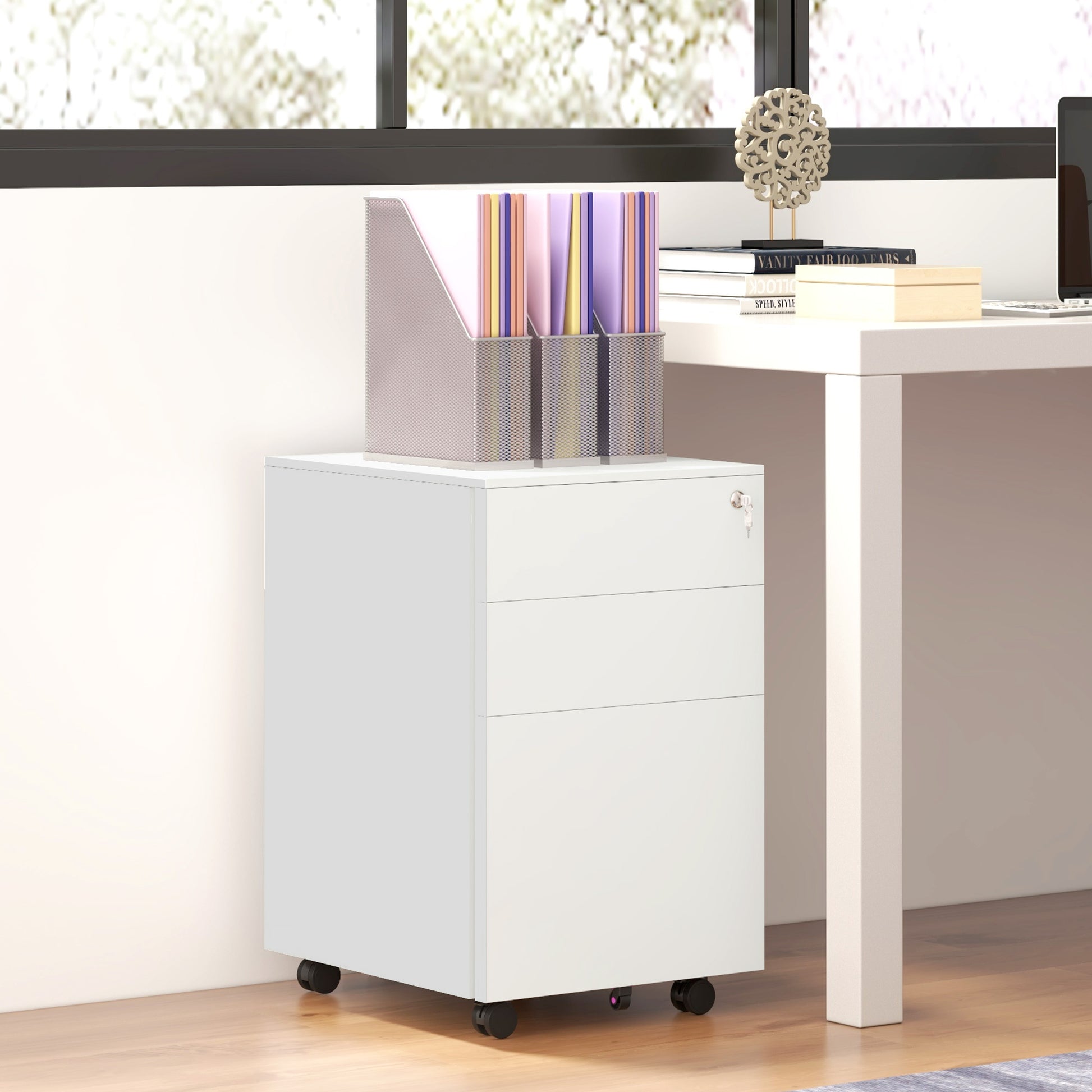 Vertical Steel Filing Cabinet on Wheels, 3-Drawer Lockable File Cabinet with Adjustable Hanging Bar for A4, Legal and Letter Size, for Home Office, White