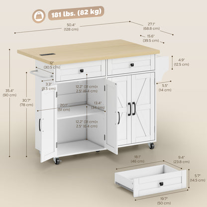 Kitchen Island with Storage, Rolling Kitchen Cart with Charging Station, Drop Leaf, Spice Rack, Towel Rack, Drawers