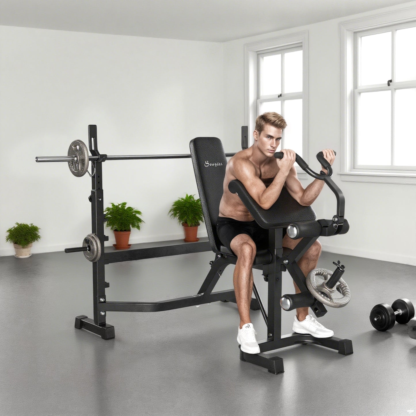 Soozier Weight Bench Stand with Squat Rack, Adjustable Olympic Bench, Multifunctional Arm Curl Pad, Leg Extension, Grey