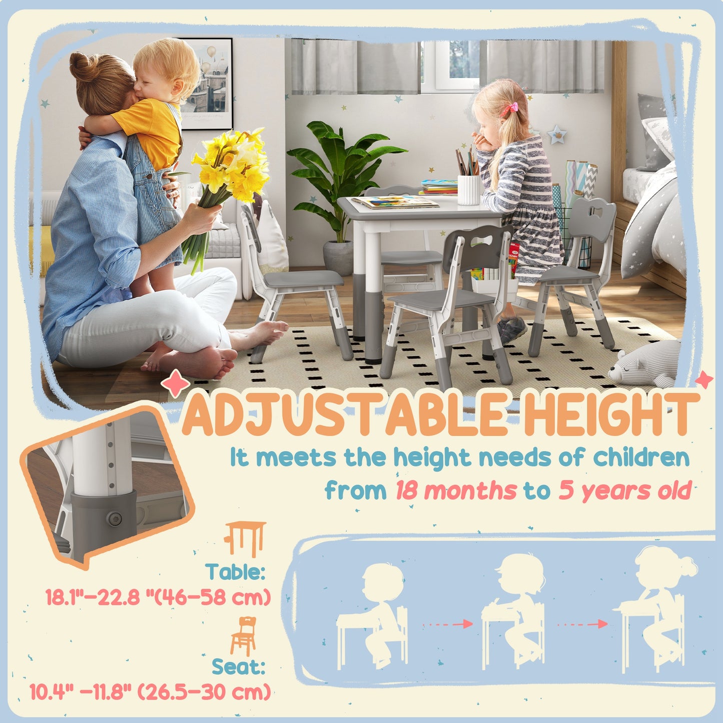 Qaba 5 Pieces Toddler Table and Chair Set, Height Adjustable Activity Table and Chair Set for Nursery Classroom, Grey