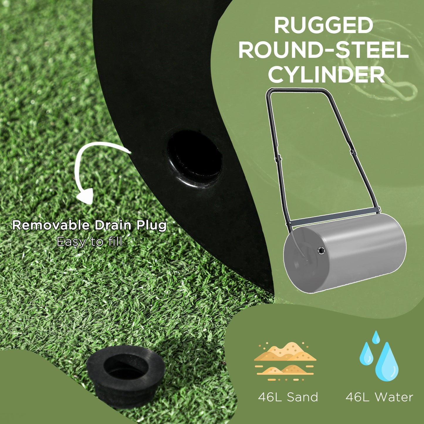 22" Push/Tow Behind Lawn Roller, Heavy Duty Sod Drum Roller Filled with 12 Gal Water/Sand, Grass Flattener for Yard, Patio, Park, Black