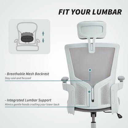 Ergonomic Office Chair, Swivel Desk Chair with Adjustable Lumbar Support, Headrest and Height, Flip-up Armrests, Grey