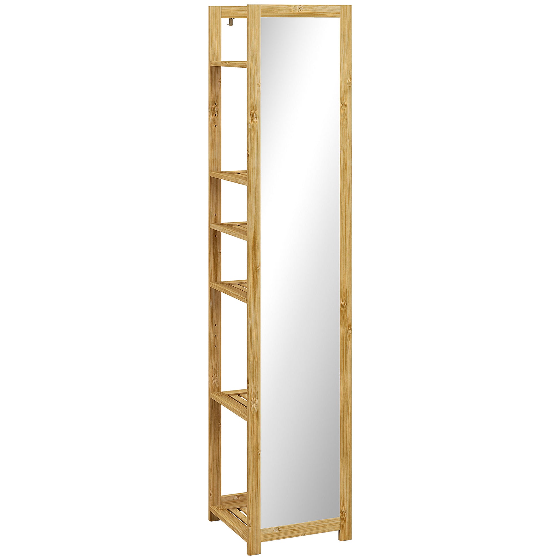 66" x 14" Standing Mirror with 6-Tier Shelf, Floor Mirror Full Body Mirror for Bathroom, Living Room, Nature Wood