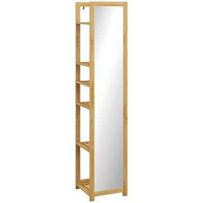 66" x 14" Standing Mirror with 6-Tier Shelf, Floor Mirror Full Body Mirror for Bathroom, Living Room, Nature Wood