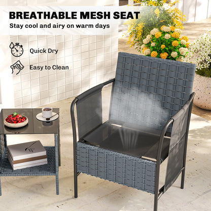 3 Piece Wicker Patio Furniture Set, Outdoor Bistro Set, Side Pockets, Mesh Seat, 2 Tier Glass Table, Cushions, Grey