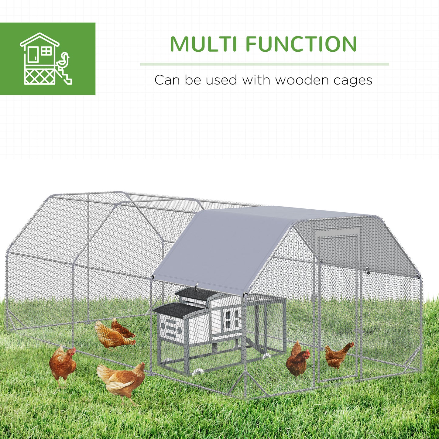 Chicken Run, Galvanized Large Metal Chicken Coop Cage, Walk-in Enclosure Poultry Hen Run House Playpen Rabbit Hutch with Flat Roof, Cover, 9.2' x 18.7' x 6.5', Silver