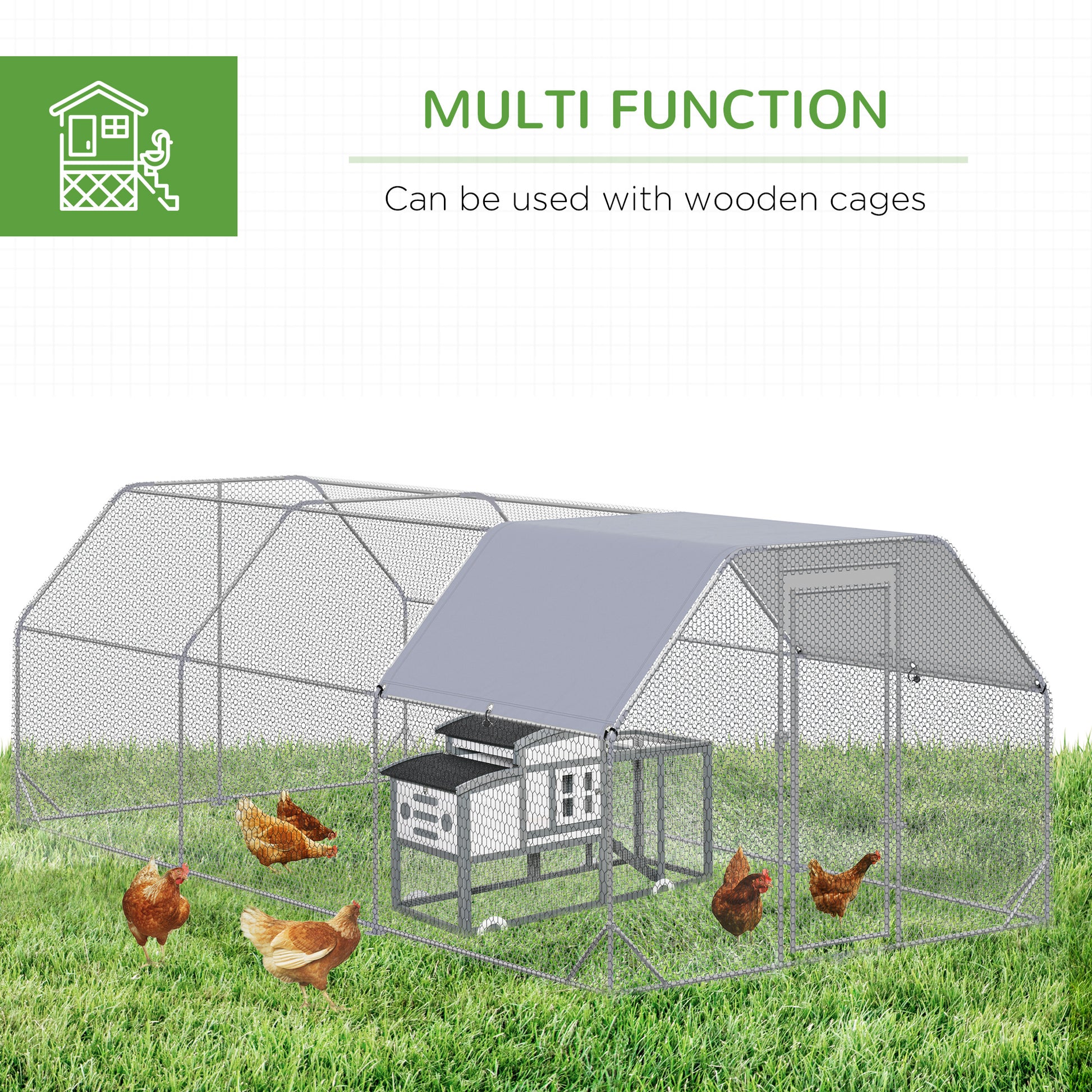 Chicken Run, Galvanized Large Metal Chicken Coop Cage, Walk-in Enclosure Poultry Hen Run House Playpen Rabbit Hutch with Flat Roof, Cover, 9.2' x 18.7' x 6.5', Silver