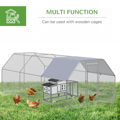 Chicken Run, Galvanized Large Metal Chicken Coop Cage, Walk-in Enclosure Poultry Hen Run House Playpen Rabbit Hutch with Flat Roof, Cover, 9.2' x 18.7' x 6.5', Silver