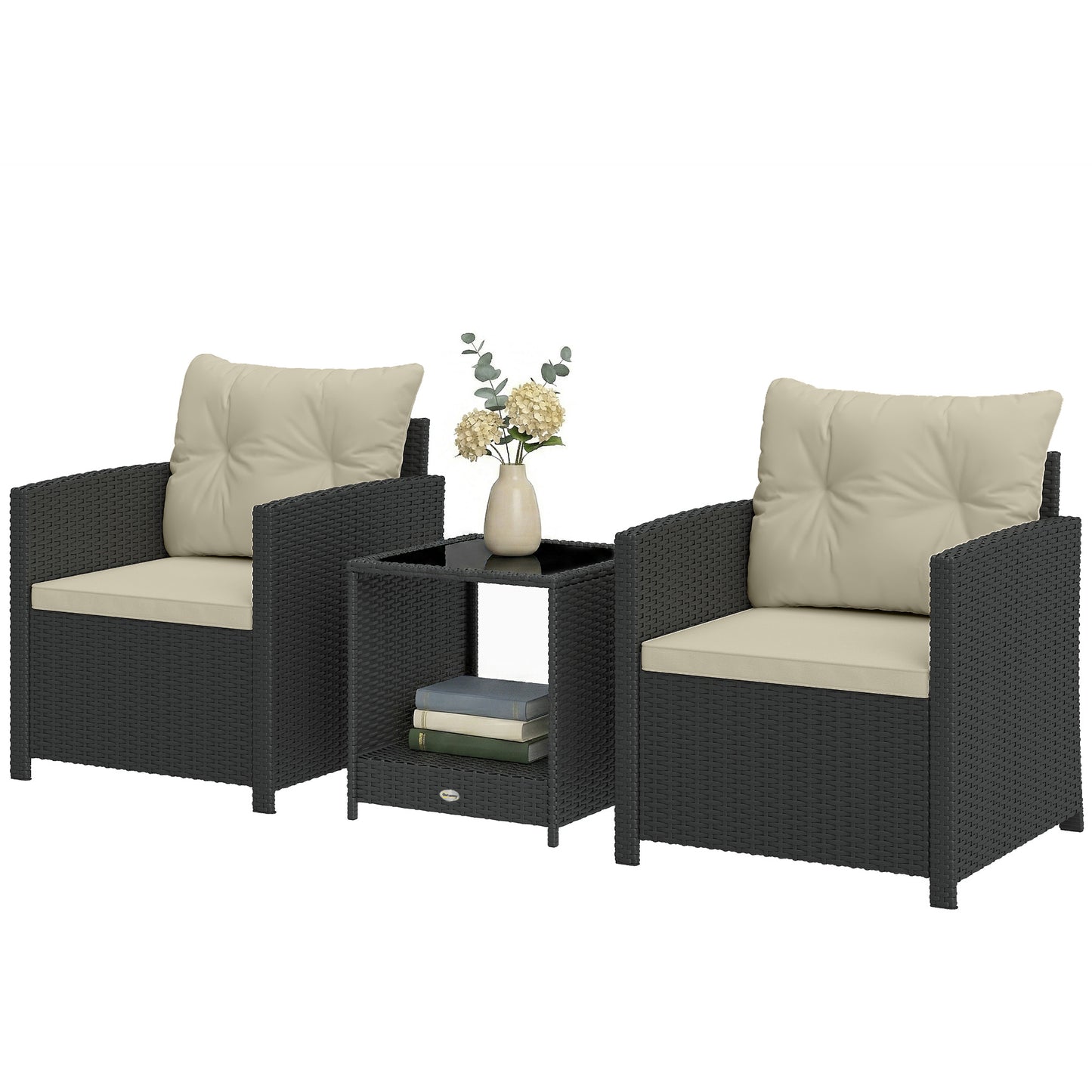 Outdoor Bistro Set, 3 Piece Wicker Patio Furniture Set with 2-Tier Glass Top Table, Cushions for Porch, Balcony, Beige