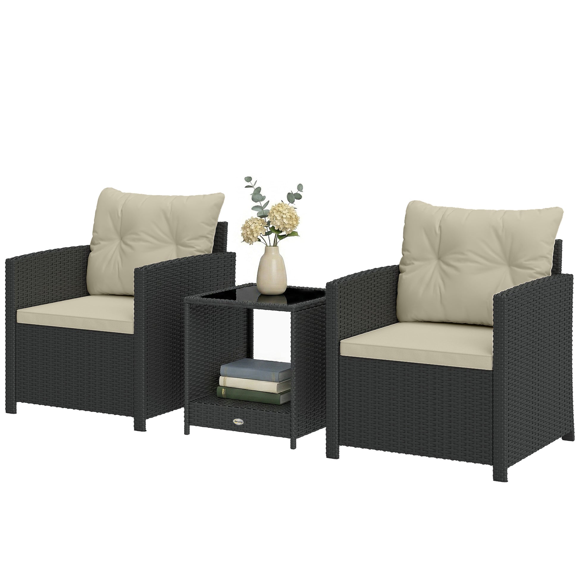 Outdoor Bistro Set, 3 Piece Wicker Patio Furniture Set with 2-Tier Glass Top Table, Cushions for Porch, Balcony, Beige