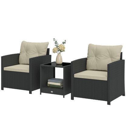 Outdoor Bistro Set, 3 Piece Wicker Patio Furniture Set with 2-Tier Glass Top Table, Cushions for Porch, Balcony, Beige