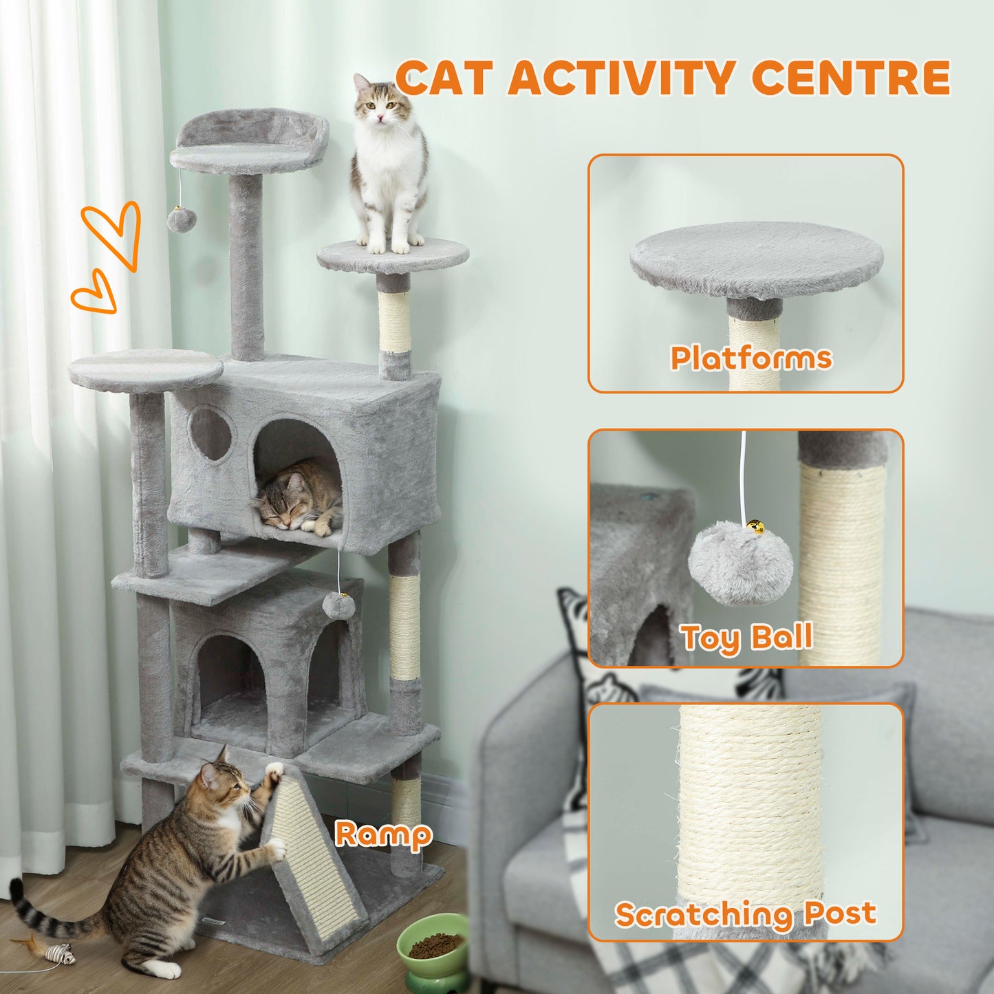 54" Cat Tree, Multi-Level Cat Tower with Scratching Posts, Cat Condos, Bed, Platforms, Ramp, Toy Ball, Light Grey