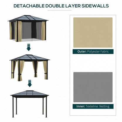 10' x 12' Hardtop Gazebo Canopy with Polycarbonate Roof, Aluminum Frame, Netting, Curtains and Ceiling Hook, Brown