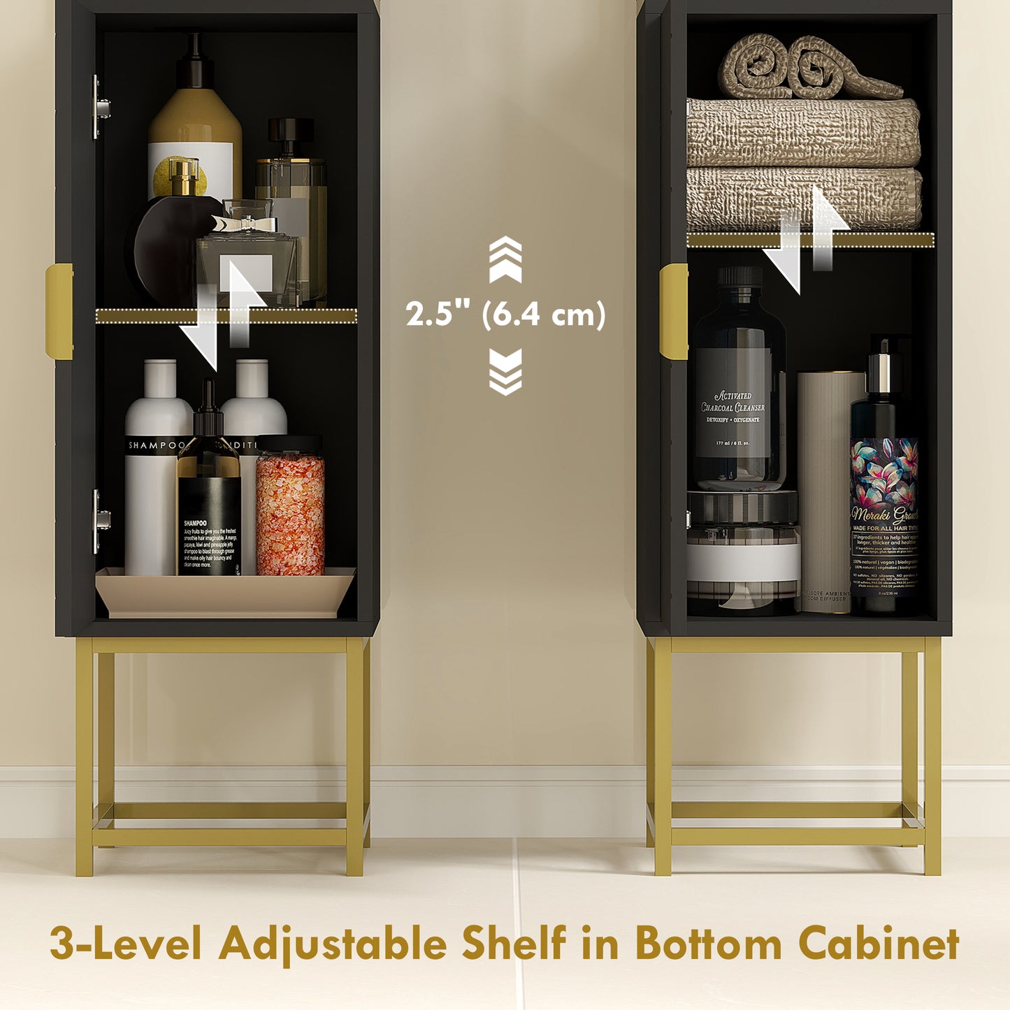Tall Bathroom Storage Cabinet, Modern Narrow Bathroom Cabinet with Diamond Chevron Pattern and Adjustable Shelf, Black