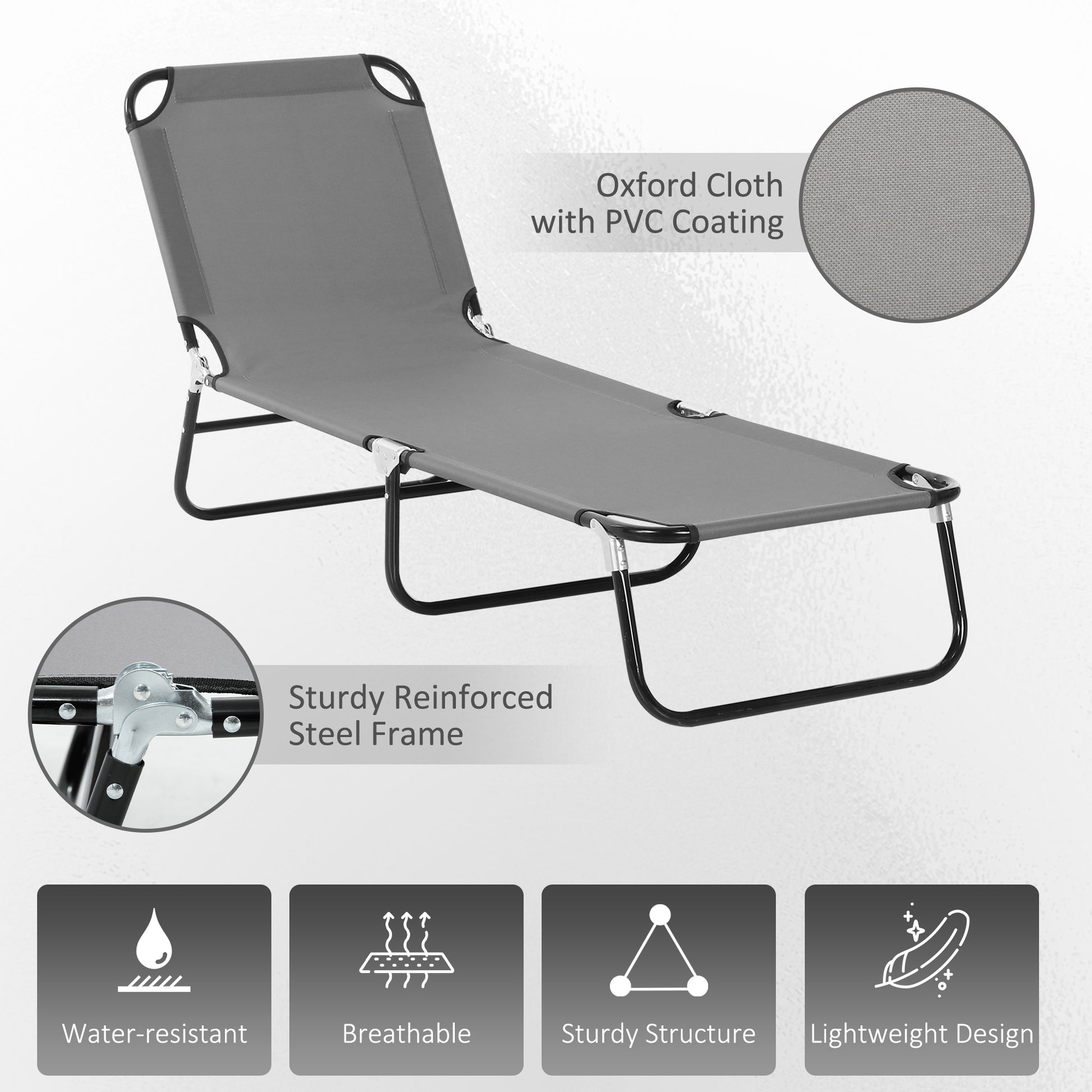 Outdoor Folding Lounge Chair, Steel Tanning Chair with Reclining Back, Breathable Mesh for Beach, Yard, Patio, Grey
