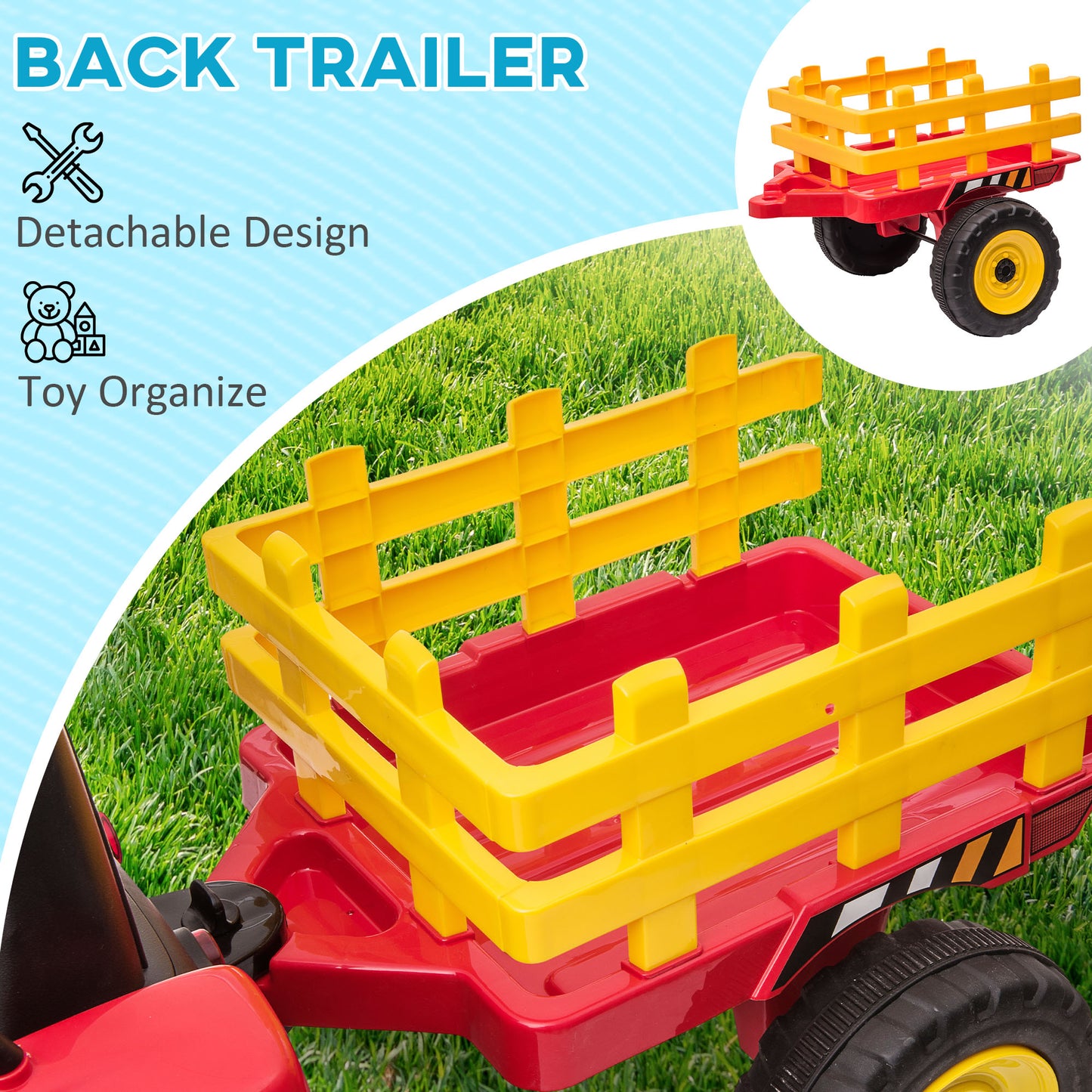 Aosom 12V Kids Ride on Tractor with Trailer, Remote Control, Music Start up Sound and Horn, USB, LED Lights, Red