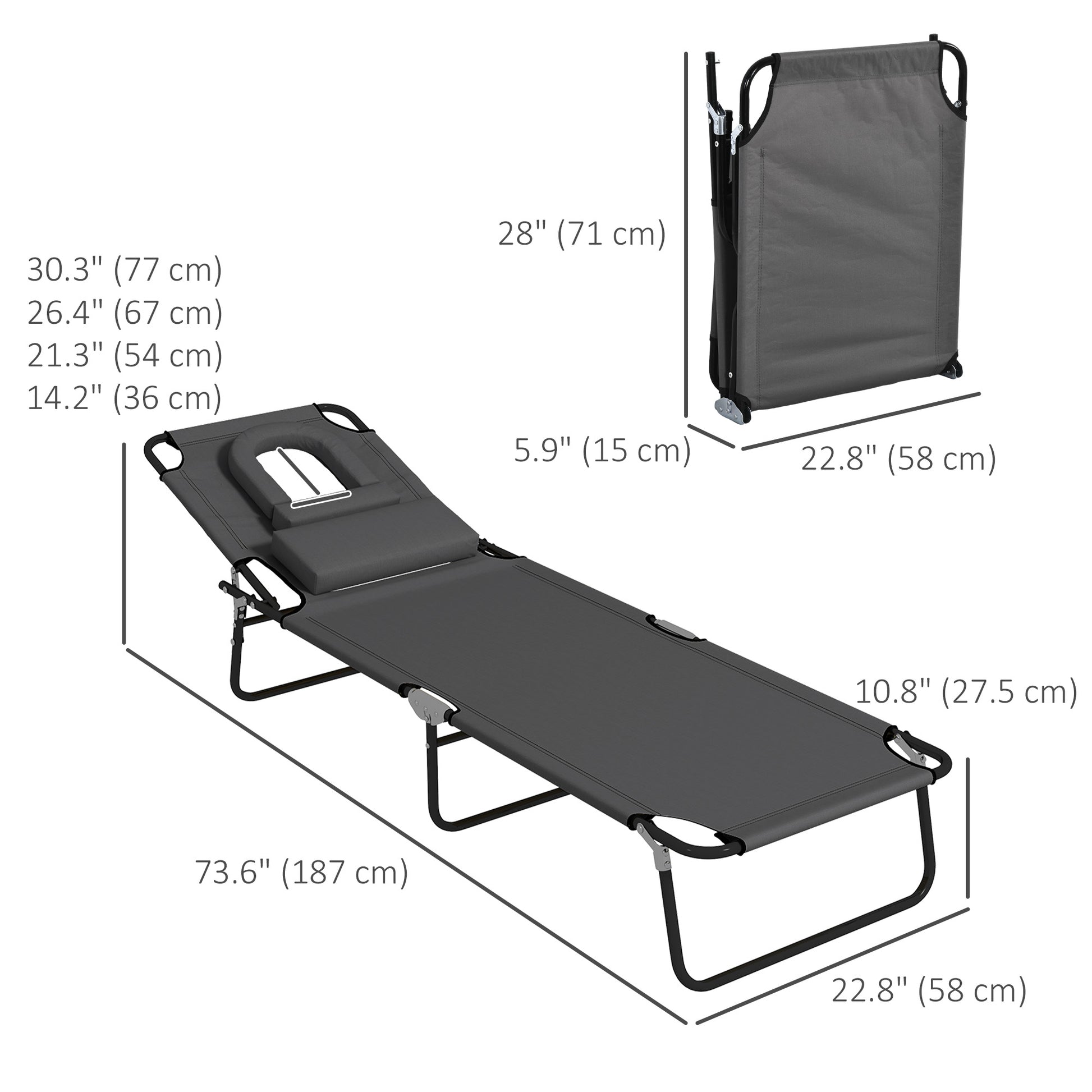 Folding Lounge Chair Set of 2, Reclining Beach Tanning Chair with Face Hole, Pillow, 4-Position Adjustable Flat Sun Lounger, Steel Frame for Outdoor Patio Pool, Grey
