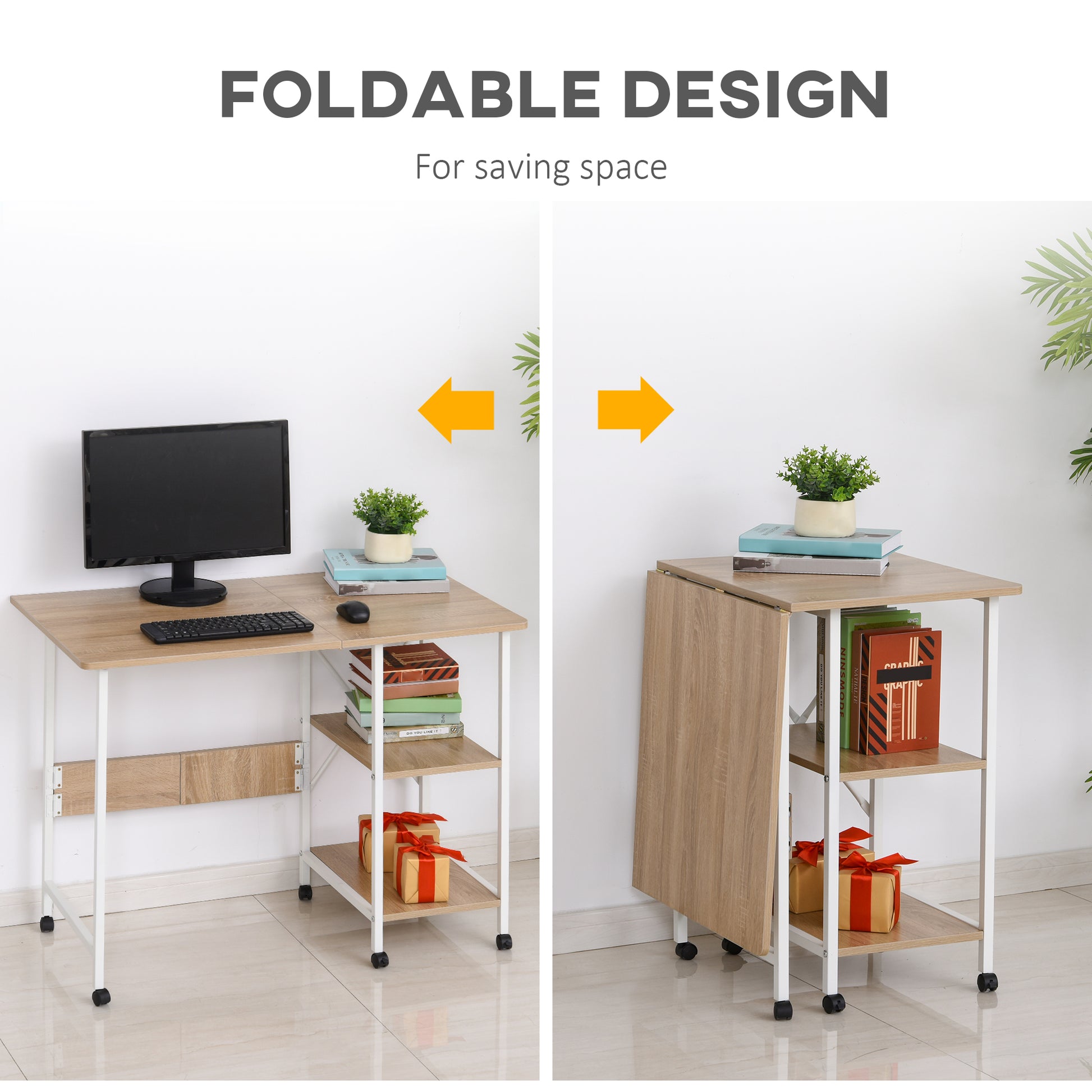 Folding Computer Desk with Storage Shelves, Study Writing Table Laptop Desk with 6 Wheels for Bedroom Home Office Workstation, Natural