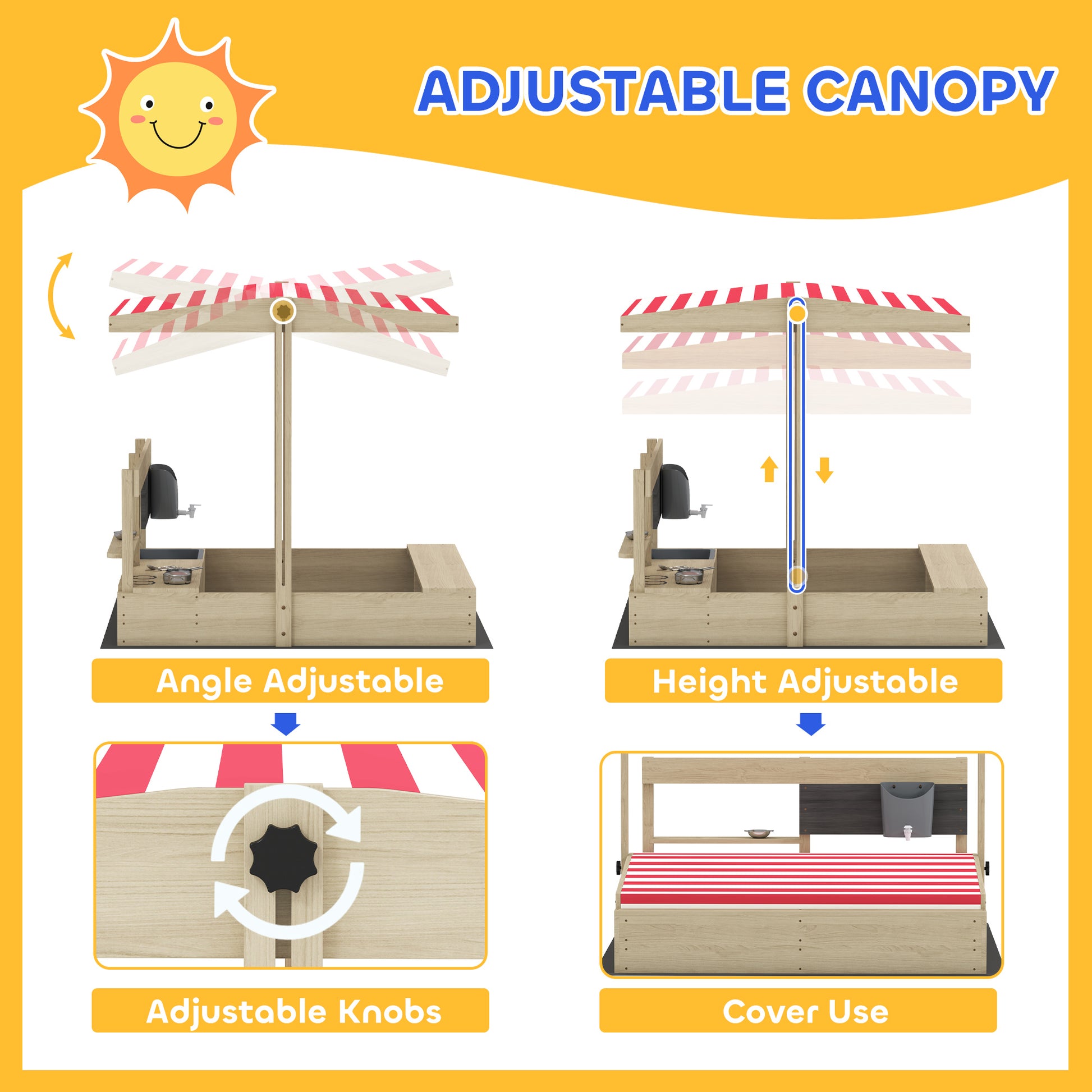 Kids Sandbox with Cover Kitchen Playset Toys, Wooden Sand Box with Seat, Storage, for 3-7 Years Old, Natural Wood