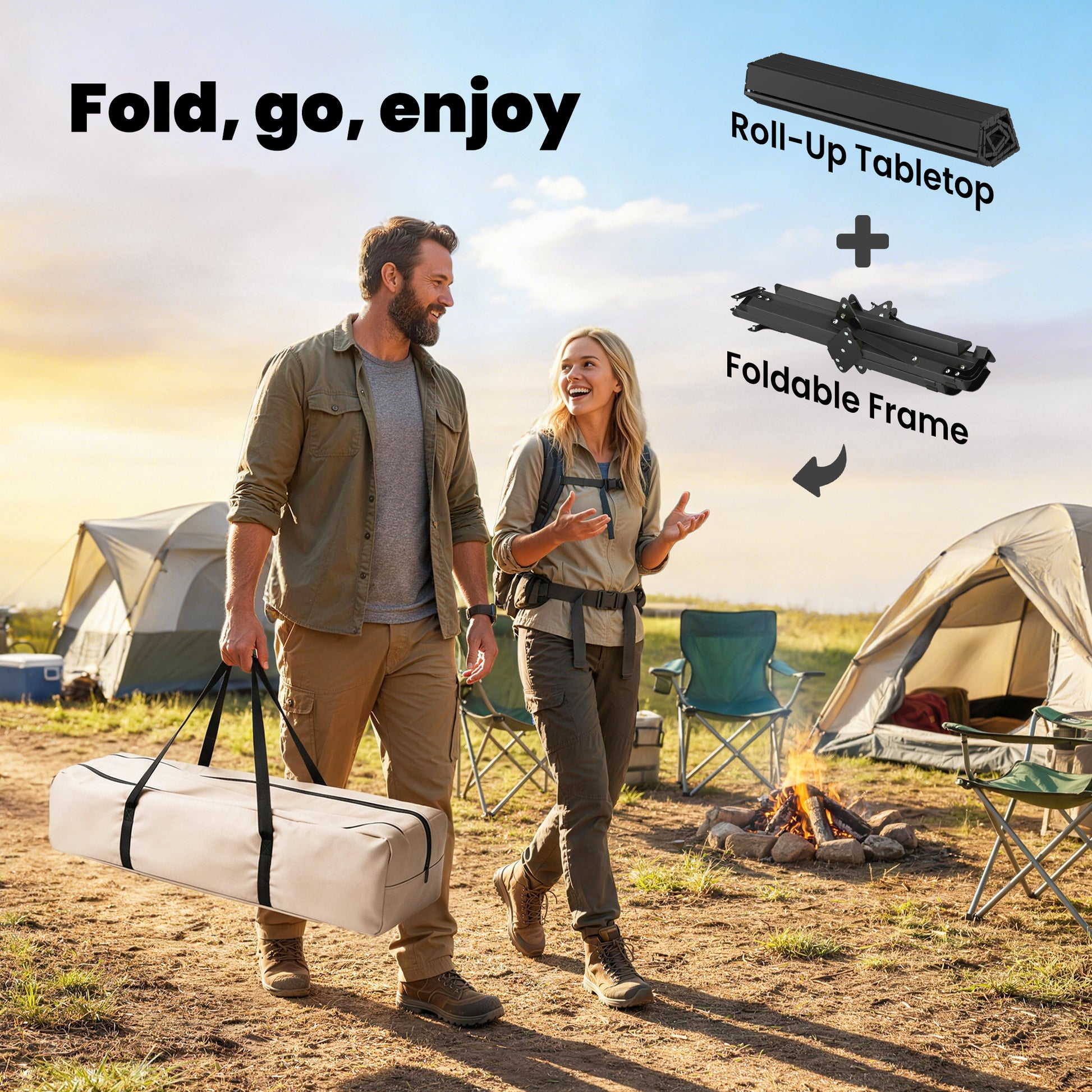 4ft Folding Camping Table, Waterproof Picnic Table with Roll Up Top and Metal Frame, Black