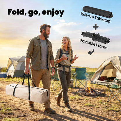 4ft Folding Camping Table, Waterproof Picnic Table with Roll Up Top and Metal Frame, Black