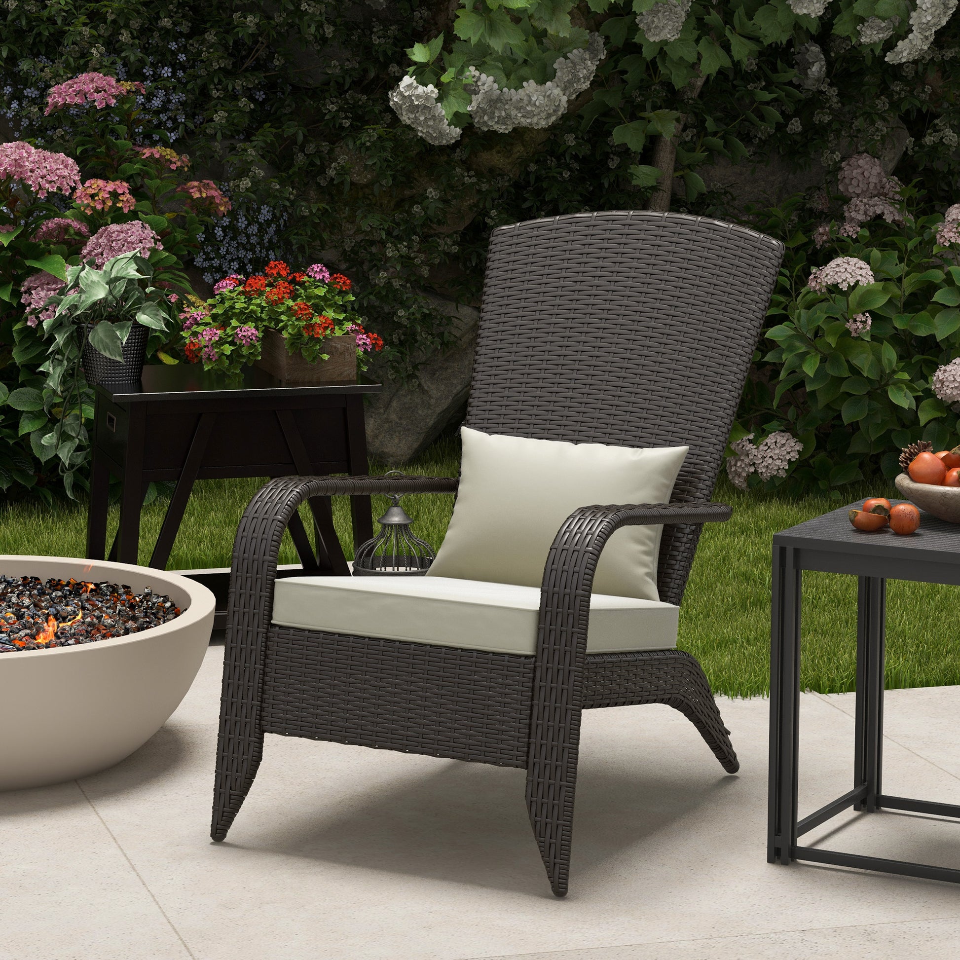Patio Wicker Adirondack Chair, Outdoor Rattan Muskoka Chair with Cushions for Patio, Garden, Backyard Khaki